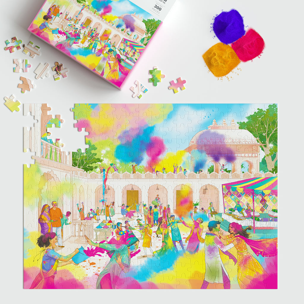 300 piece jigsaw puzzle, jigsaw puzzles for adults, Holi Festival, Indian culture,Holi, aurva world, Birthday gift ideas, parents anniversary gift ideas, board game night, Best puzzles in India, Best Jigsaw puzzles in India, Festival of colours