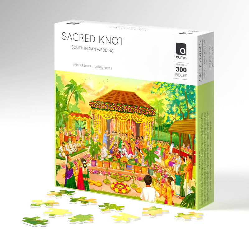 300 piece jigsaw puzzle, jigsaw puzzles for adults, Indian culture, South Indian Wedding, Bride groom, aurva world, Birthday gift ideas, parents anniversary gift ideas, board game night, Best puzzles in India, Best Jigsaw puzzles in India, Sacred knots, unique Wedding gift, 