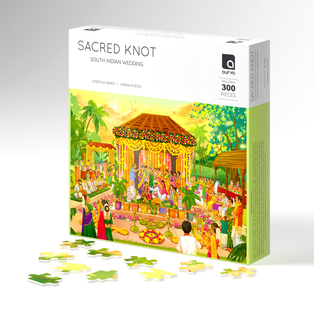300 piece jigsaw puzzle, jigsaw puzzles for adults, Indian culture, South Indian Wedding, Bride groom, aurva world, Birthday gift ideas, parents anniversary gift ideas, board game night, Best puzzles in India, Best Jigsaw puzzles in India, Sacred knots, unique Wedding gift, 