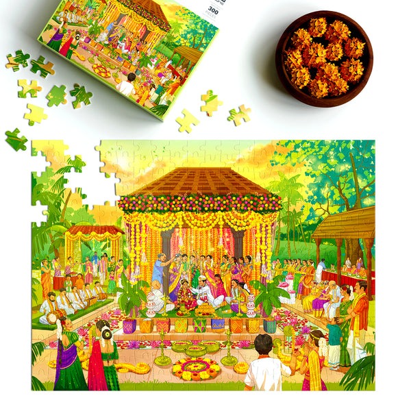 300 piece jigsaw puzzle, jigsaw puzzles for adults, Indian culture, South Indian Wedding, Bride groom, aurva world, Birthday gift ideas, parents anniversary gift ideas, board game night, Best puzzles in India, Best Jigsaw puzzles in India, Sacred knots, unique Wedding gift, 