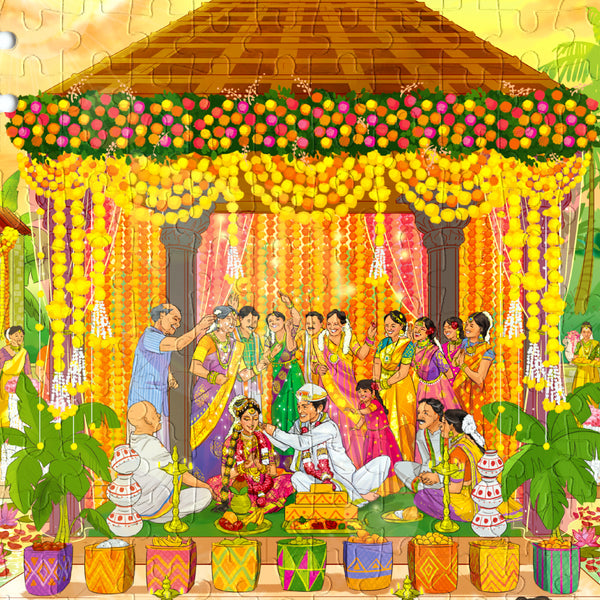 300 piece jigsaw puzzle, jigsaw puzzles for adults, Indian culture, South Indian Wedding, Bride groom, aurva world, Birthday gift ideas, parents anniversary gift ideas, board game night, Best puzzles in India, Best Jigsaw puzzles in India, Sacred knots, unique Wedding gift, 